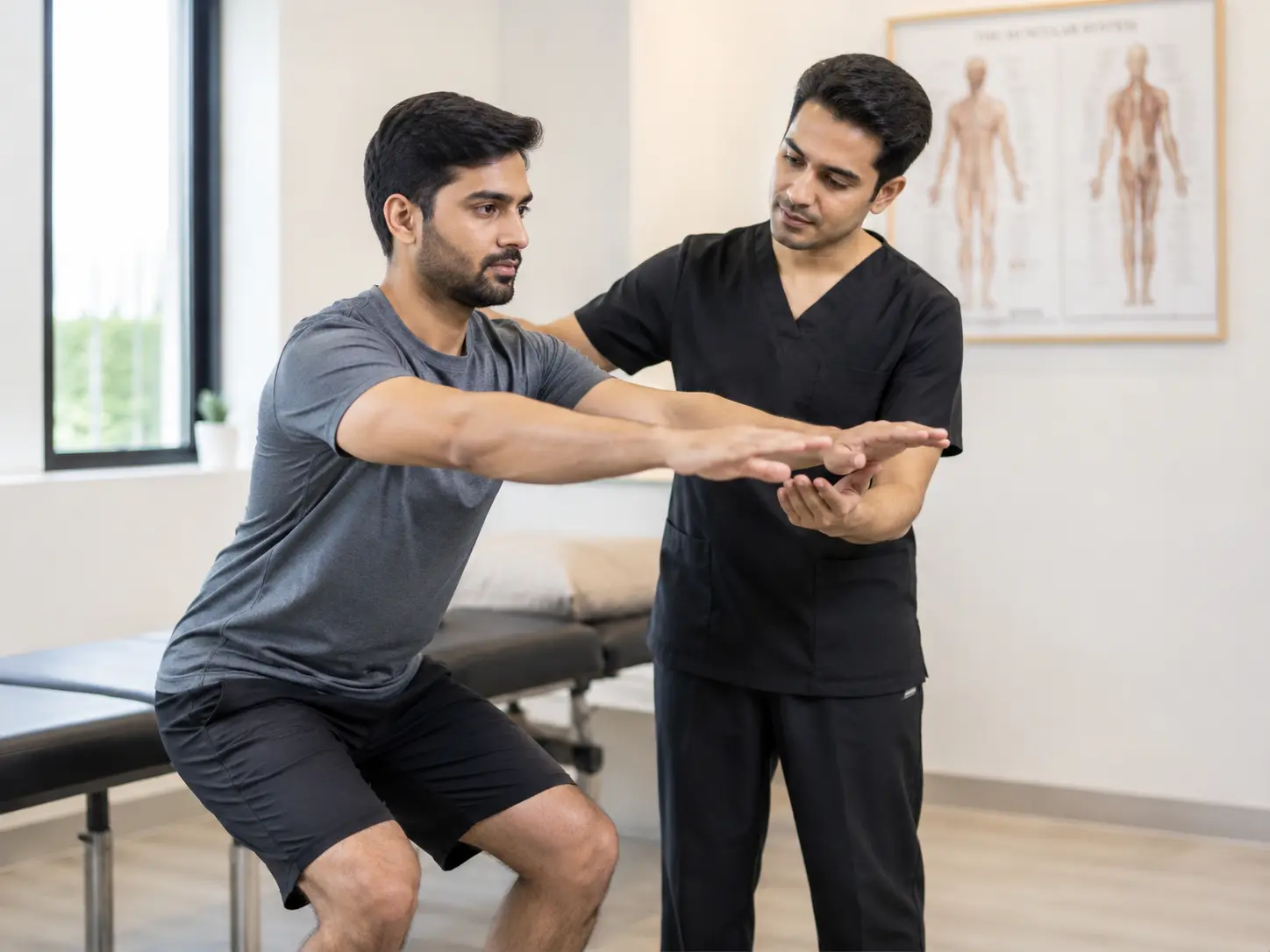 Physiotherapist guiding a patient through a movement assessment