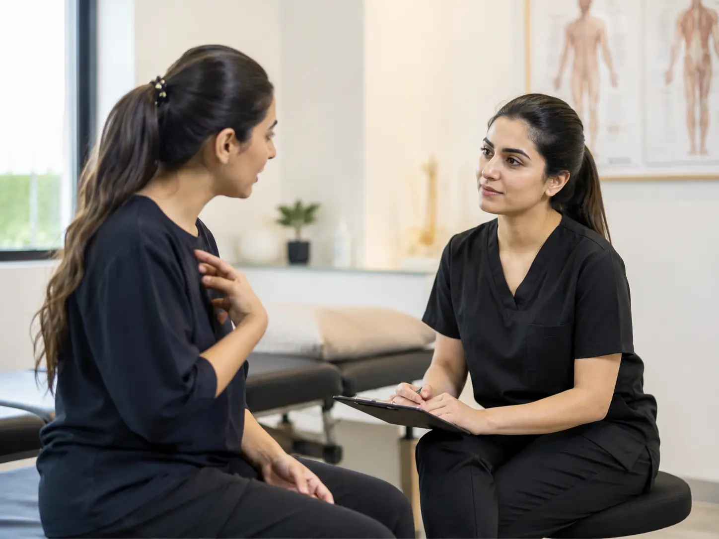 Physiotherapist listening to a patient during an initial consultation