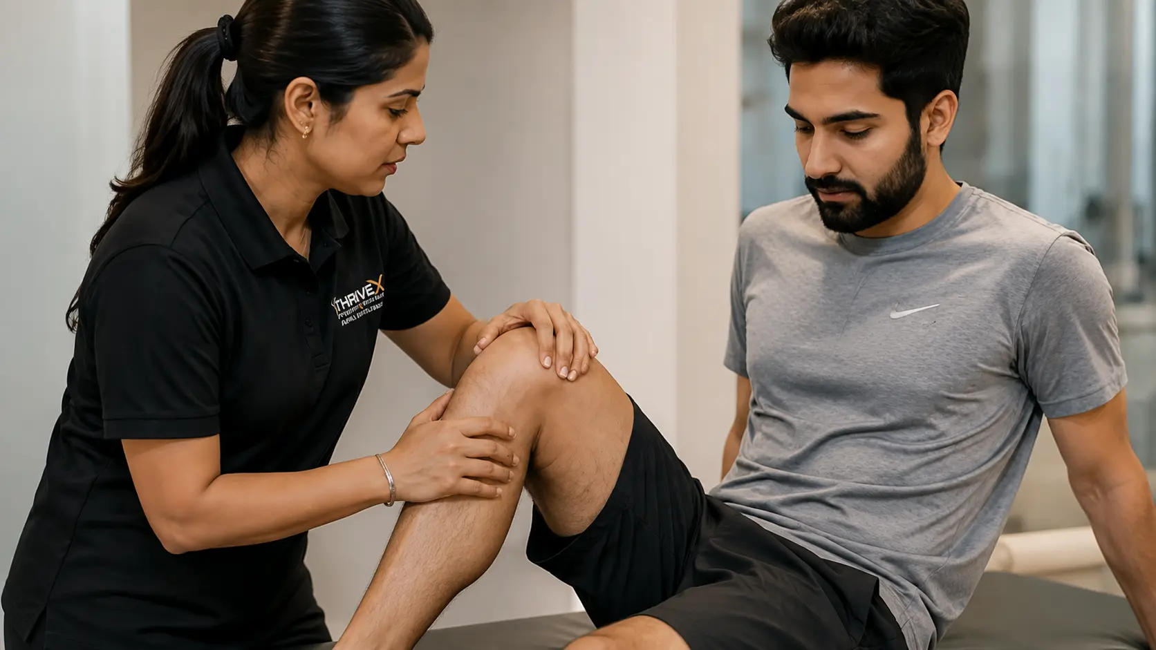 Physiotherapist assessing a patient's knee