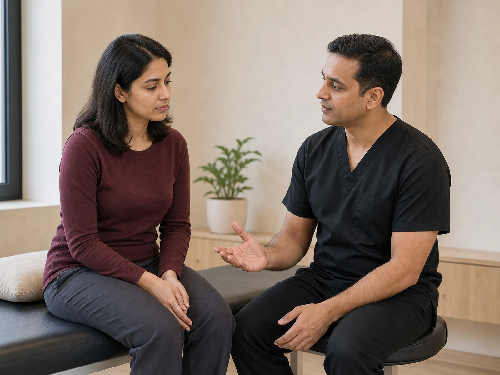 Physiotherapist explaining assessment findings to a patient