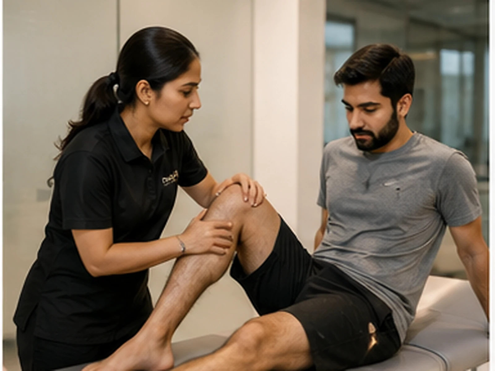 Physiotherapist assessing a patient's knee