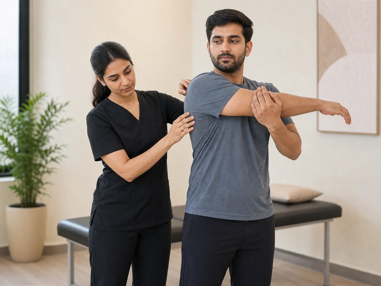 Physiotherapist assessing shoulder and upper-back movement